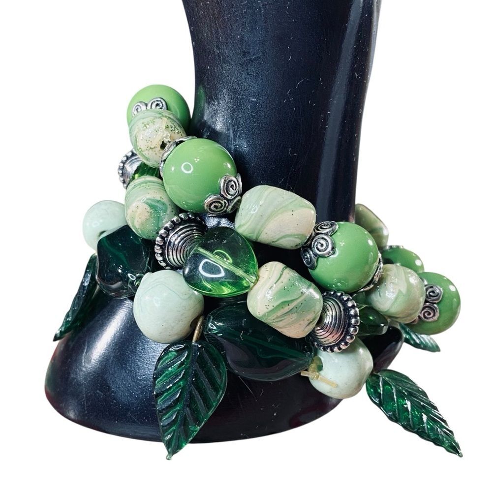 Green Beaded Stretch Bracelet Set of 3 Handcrafted Multicolor Unique Handcrafted